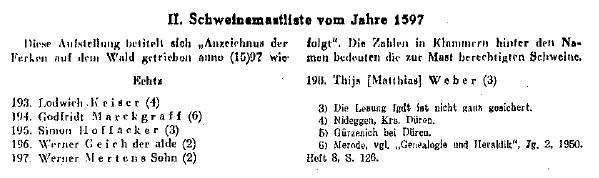 Schweinemastliste aus dem Jahre 1597
